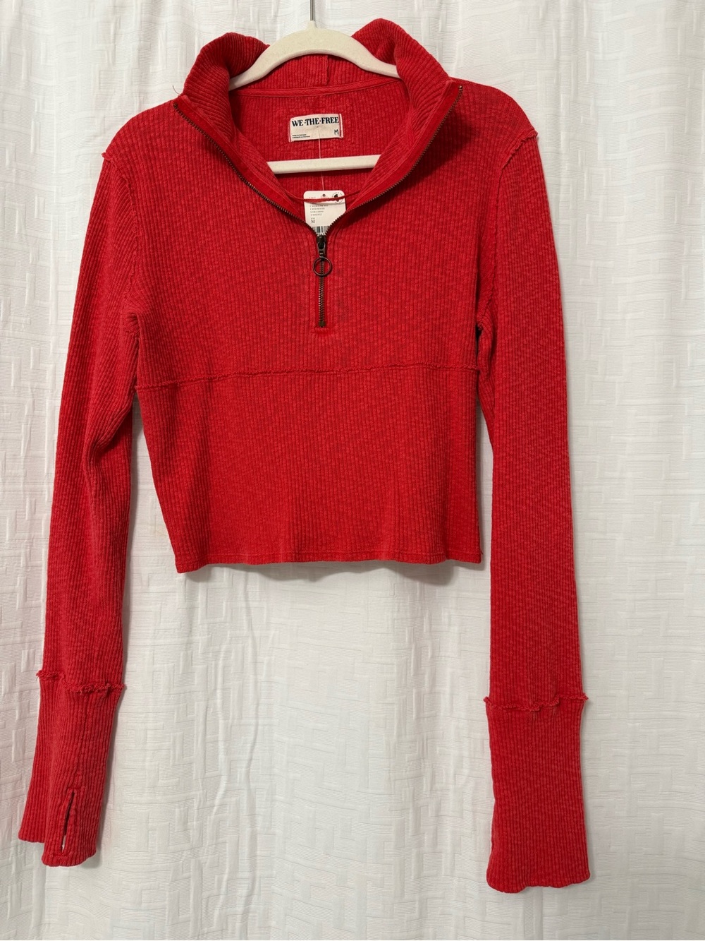 We The Free Bright Red Ribbed Half-Zip Cropped Pullover